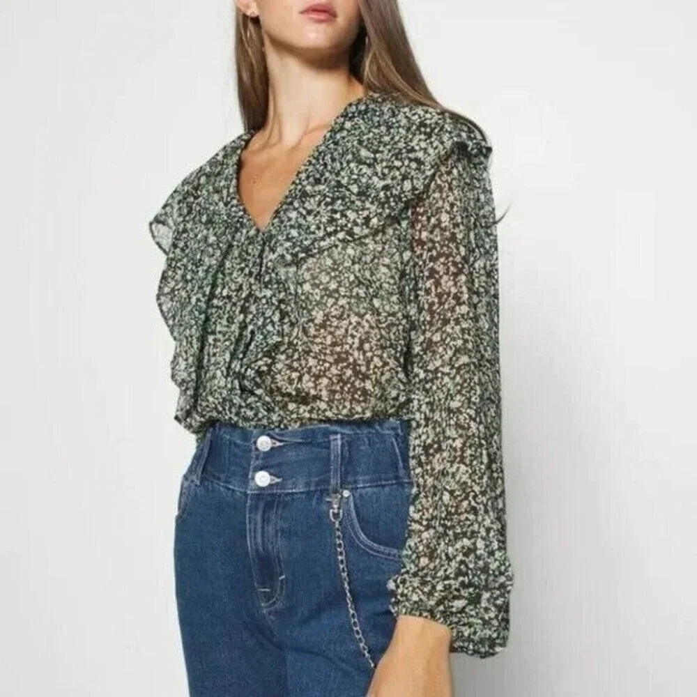 Topshop Women Green Floral Ruffle Long Sleeve Semi Sheer‎ Blouse Top 6